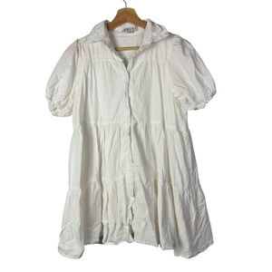 HYFVE White Collar Button Front Tiered Short Sleeve Mini Dress S